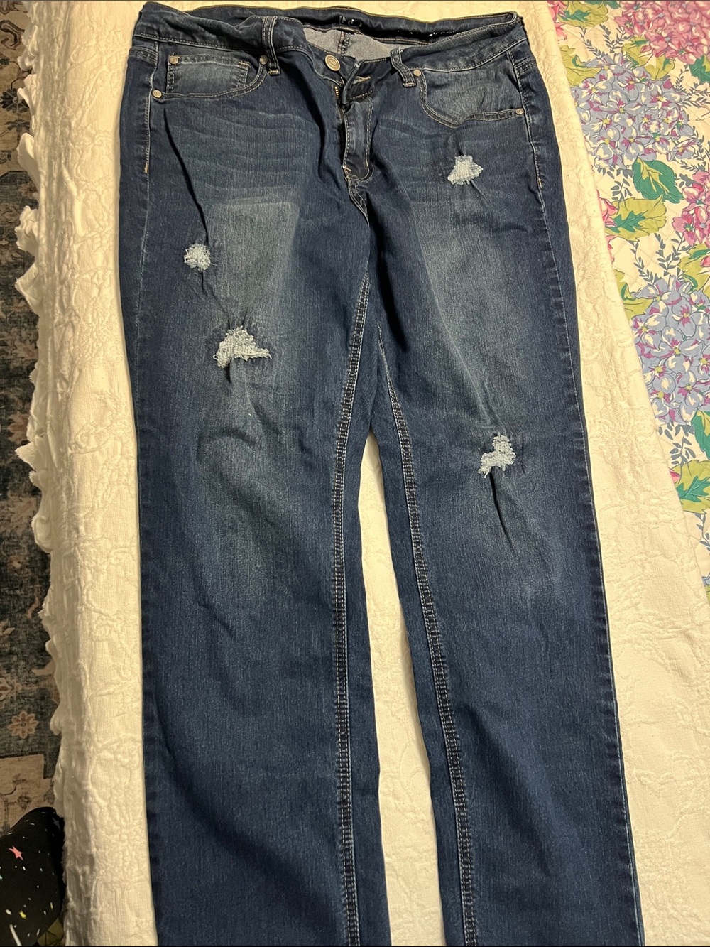 new directions Dark Blue Distressed Straight Leg Jeans
